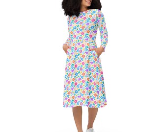 Colorful Flowers Printed Midi Dress, Aesthetic Floral Summer Dress with Pockets, Pretty Botanical Dress, Evening Party Dress, Gifts for Her