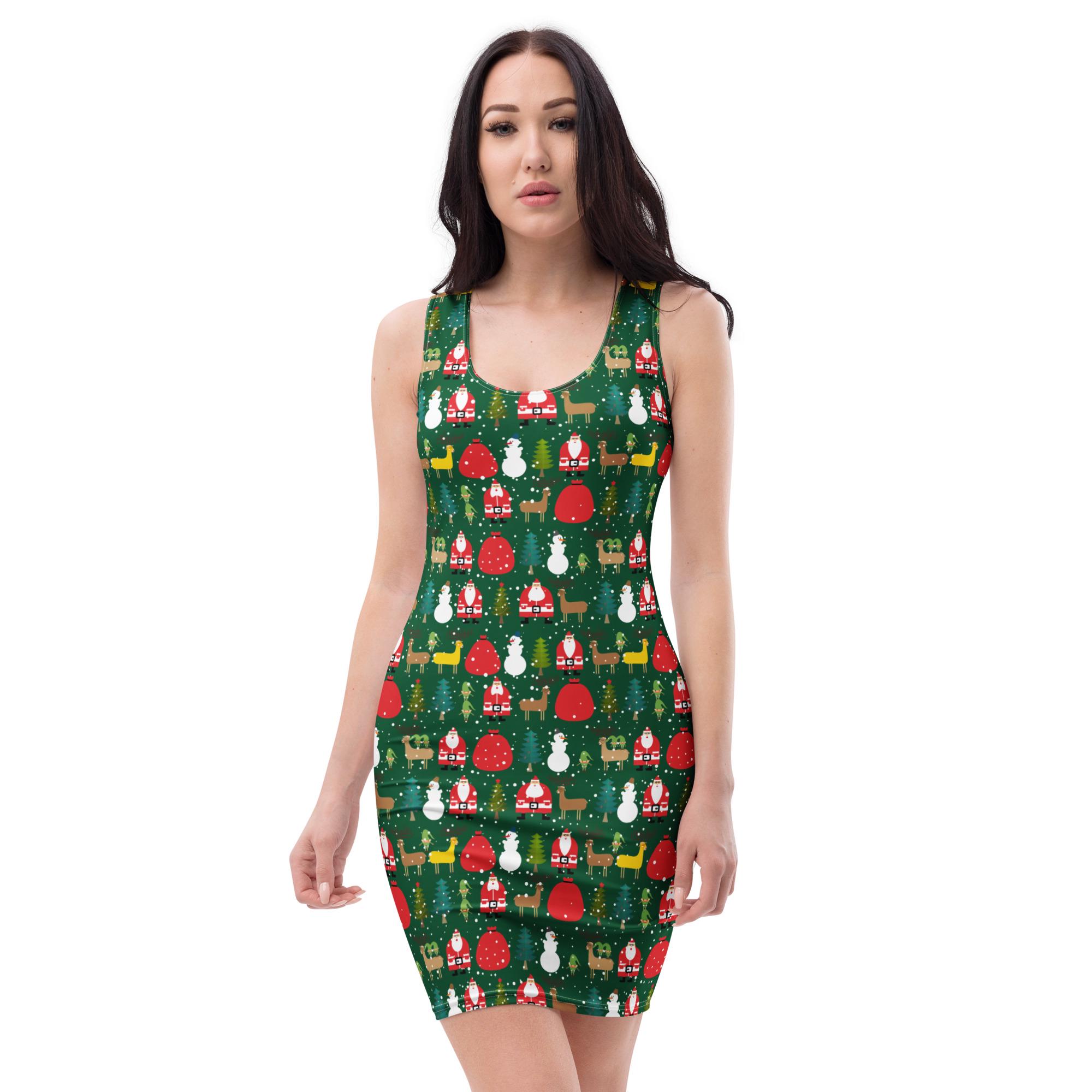 santa bodycon dress Christmas Claus Dress, All Over Print Holiday Festival Evening Party Dress, Vacation Club Dress, Christmas Gifts for Her Christmas dress Arnsht Womens Trendy Summer dress-skirt white fur trim on Vest Size:S