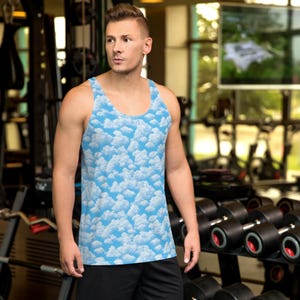 Clouds in a Blue Sky Printed Men&#39;s Tank Top, All Over Print Gym Workout Tank, Sleeveless Top Muscle Tank, Mens Shirt, Meteorology Lover Gift