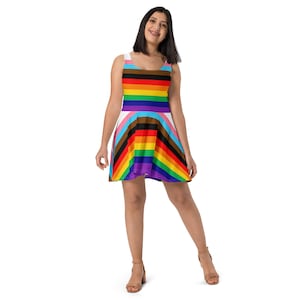 Gay Pride Skater Dress, Women Skater Dress, LGBTQ Skater Dress, Progress Pride Flag Dress, Lesbian Pride Skater Dress, Cute Colorful Dress