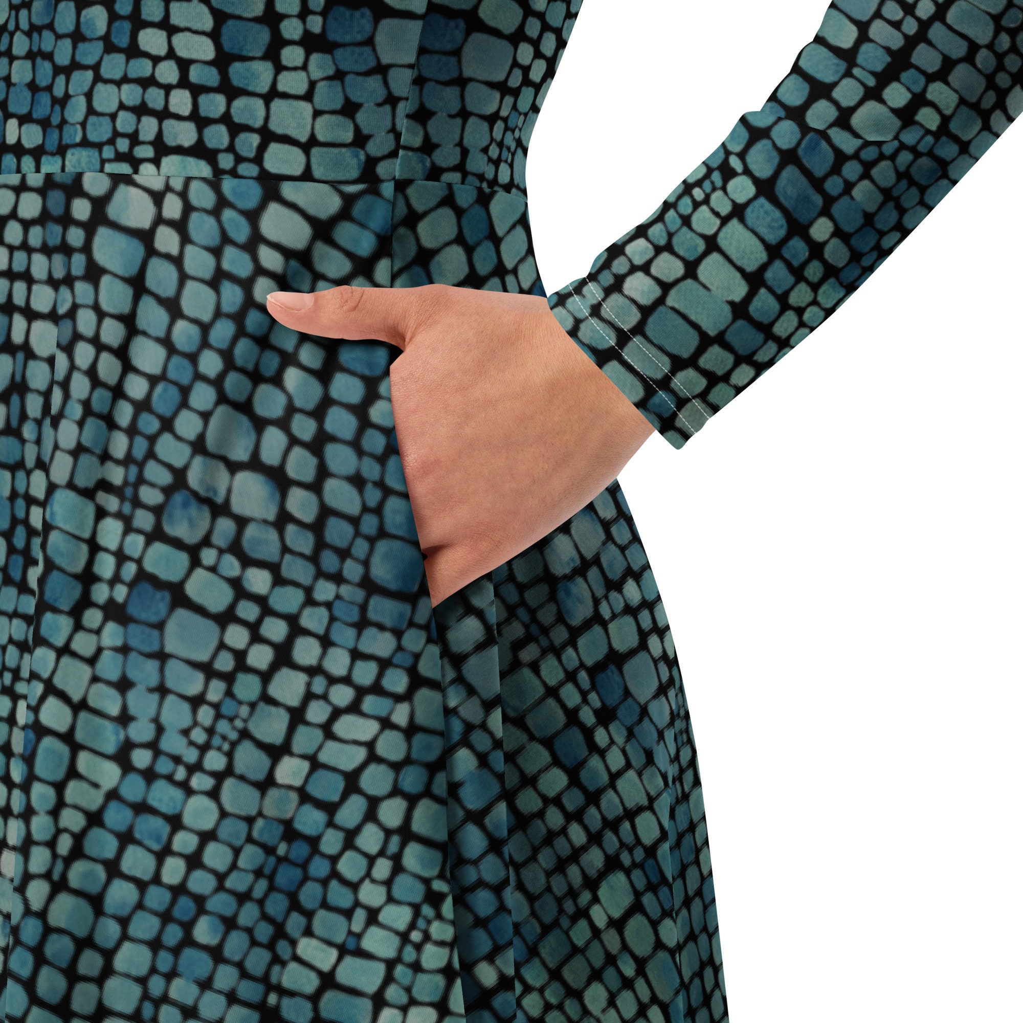 Alligator Skin Printed Midi Dress, Summer Dress with Pockets, Evening Party Dress, Beach Dress, Long Sleeve Aesthetic Dress, Gifts for Her