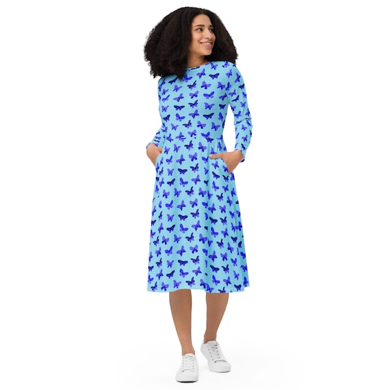 knee length dresses for ladies Queen of Sparkles Tan Multi Butterfly Knit Midi Dress L main image 1
