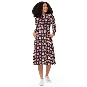 Smiling Hippie Flowers Printed Midi Dress, Aesthetic Floral Summer Dress with Pockets, Botanical Dress, Evening Party Dress, Gifts for Her