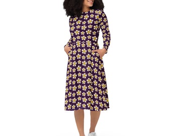 Smiling Hippie Flowers Printed Midi Dress, Aesthetic Floral Summer Dress with Pockets, Botanical Dress, Evening Party Dress, Gifts for Her