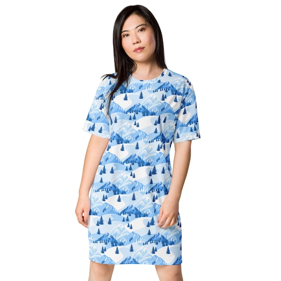 Winter Wonderland Printed T-shirt Dress, Streetwear Aesthetic Tee Shirt  Dress, All Over Print, Lounge Wear Dress, Loose Fit, Urban Clothing