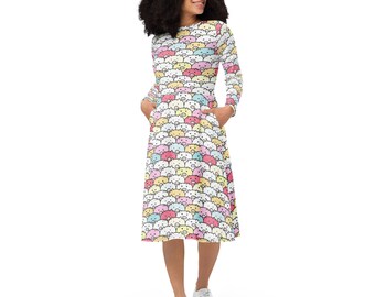 Cute Pigs Printed Midi Dress, Comfy Casual Evening Dress, All Over Print Colorful Beach Dress, Fun Long-Sleeve Dress, Pig Lover Gift for Her