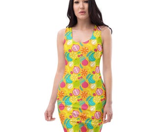 Colorful Fruit Printed Bodycon Dress, All Over Print Tropical Beach Dress, Foodie Holiday Parties Dress, Tight Dress, Vegan Gifts