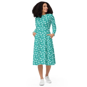 Teal Hawaiian Flowers Printed Midi Dress, Aesthetic Floral Summer Dress with Pockets, Botanical Dress, Evening Party Dress, Gifts for Her