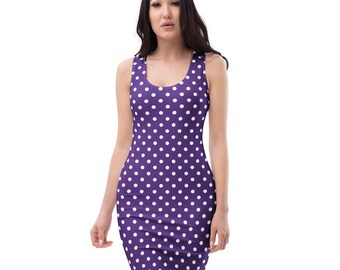 Purple and White Polka Dot Printed Bodycon Dress, All Over Print Aesthetic Summer Dress, Fitted Dress, Date Night Dress, Trendy Club Dress