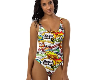 Comic Books Printed Womens One-Piece Swimsuit, All Over Print Comics Lover Swim Wear, Beach Bodysuit, Trending Bathing Suit, Comic Gift