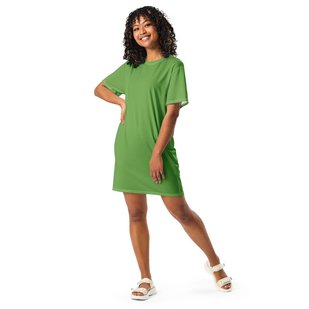 Solid Green Printed T-shirt Dress for Women, Cute Aesthetic Fashion Shirt Dress, All over Print, Loungewear, Aloha Hawaiian Beach Dress
