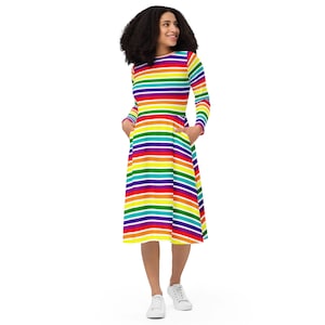 Rainbow Pride Midi Dress, LGBTQ Women Full Sleeves Dress, Lesbian Pride Dress, Colorful Dress with Pockets, Asexual Bisexual Dress, Gifts
