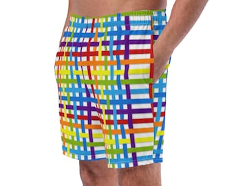 Gay Pride Men's Swim Trunks, Rainbow Striped Mens Swimwear, Swim Briefs, Bathing Suit, Men’s Shorts, Activewear, Surfing Shorts, Gay Gift