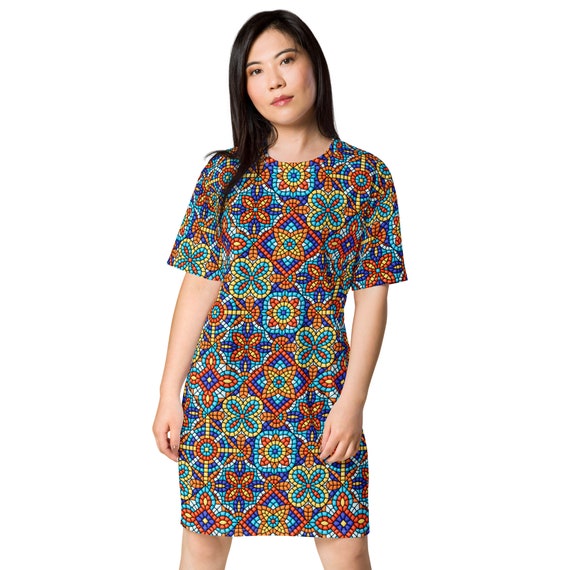 Mosaic Tiles Printed T-shirt Dress, Streetwear Aesthetic Tee shirt Dress, All over print, Loungewear Dress, Loose Fit, Urban Clothing Mosaic Tiles Printed T-shirt Dress, Streetwear Aesthetic Tee shirt Dress, All over print, Loungewear Dress, Loose Fit, Urban Clothing