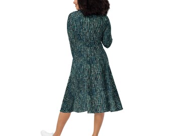Alligator Skin Printed Midi Dress, Summer Dress with Pockets, Evening Party Dress, Beach Dress, Long Sleeve Aesthetic Dress, Gifts for Her