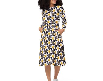 Orchid Flowers Printed Midi Dress, Aesthetic Floral Summer Dress with Pockets, Pretty Botanical Dress, Evening Party Dress, Gifts for Her