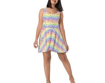 Rainbow Cheetah Leopard Printed Skater Dress, Designer Festival Fashion all over Print Dress, Boho Hippie Y2K Festival Dress, Loungewear