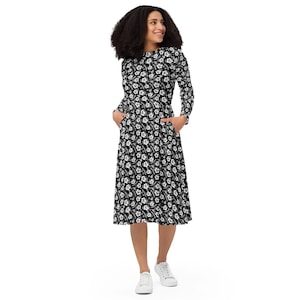 Hawaiian Flowers Printed Midi Dress, Aesthetic Floral Summer Dress with Pockets, Botanical Dress, Evening Party Dress, Gifts for Her