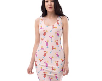 Cocktail Martinis Printed Bodycon Dress, AOP Summer Fashion Dress, Fitted Sexy Evening Dress, Bartender Rave Party Dress, Traveler Gifts