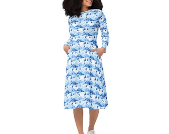 Coastal Christmas All-over Print Long Sleeve Dress, Beach Life, Holidays on the Shore, Unique Fun Funky Design
