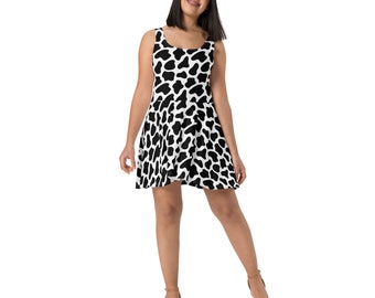 Cow Spots Printed Skater Dress for Women, Cute Farm Animal Patterned Dress, All Over Print Sleeveless Dress, Unique Plus Size Summer Dress