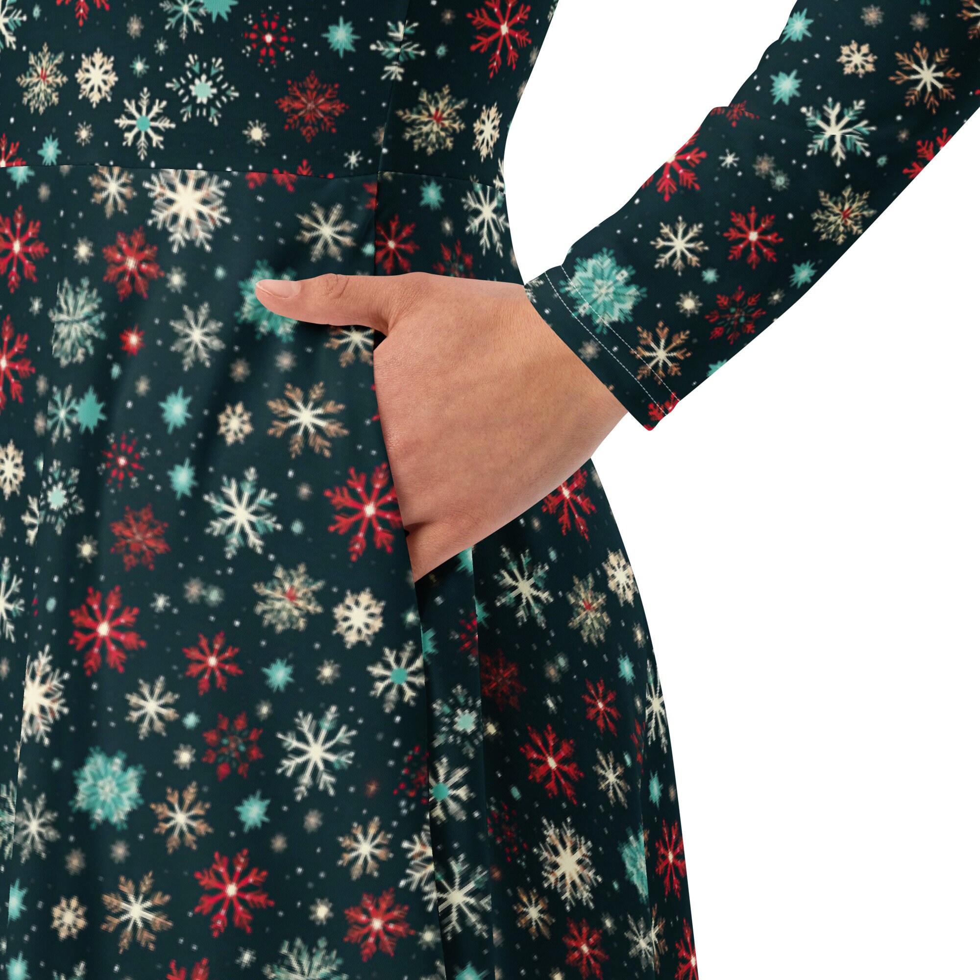 Christmas Snowflakes Midi Dress, Holiday Evening Dress, Beach Dress, All over Print, Long Sleeve, Festival Wear, Christmas Party Dress Gift