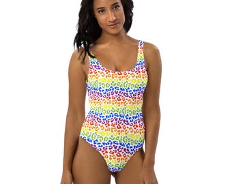 LGBTQ Rainbow Cheetah Women's One Piece Swimsuit, LGBT All Over Print Summer Beach Bathing Suit, Resort Pool Party Swim Beach Wear Bodysuit