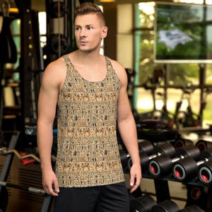 Egypt Hieroglyphics Printed Men&#39;s Tank Top, Egyptian Gym Workout Tank, Fitness Top, Summer Beach Tank, Everyday Wear, Egypt Gifts for Him