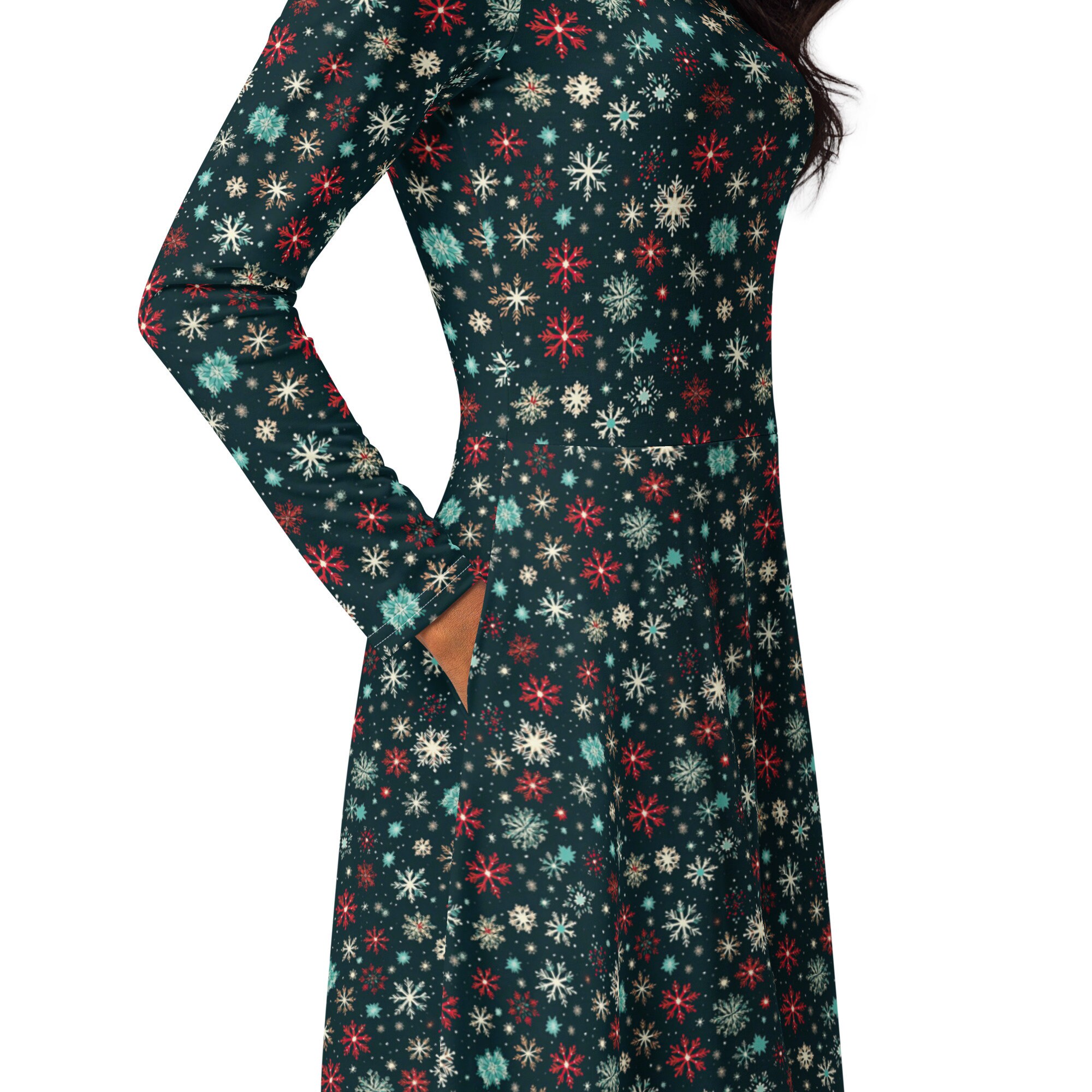 Christmas Snowflakes Midi Dress, Holiday Evening Dress, Beach Dress, All over Print, Long Sleeve, Festival Wear, Christmas Party Dress Gift