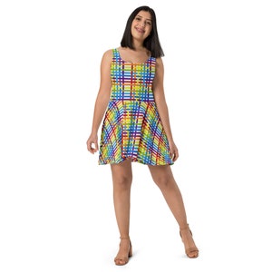 Rainbow Plaid Skater Dress, Women Skater Dress, LGBTQ Skater Dress, Gay Pride Flag Dress, Lesbian Pride Skater Dress, Cute Colorful Dress