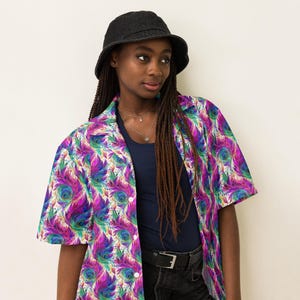 Peacock Feathers Button Down Unisex Shirt, Aesthetic Summer Beach Shirt, Casual Animal Bird Print Shirt, All Over Print, Peacock Lover Gift