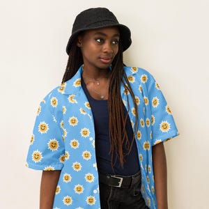 Sun in a Blue Sky Printed Unisex Button Down Shirt, Weather All Over Print Funky Aloha Hawaii Beach Shirt, Trendy Loungewear, Nature Gift