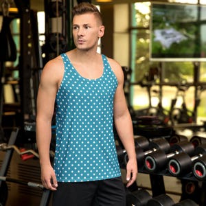 Blue Polka Dots Print Men&#39;s Tank Top, All Over Print Gym Workout Tank Top, Fitness Muscle Bodybuilding Sleeveless Tank Top Shirt, Gym Gifts
