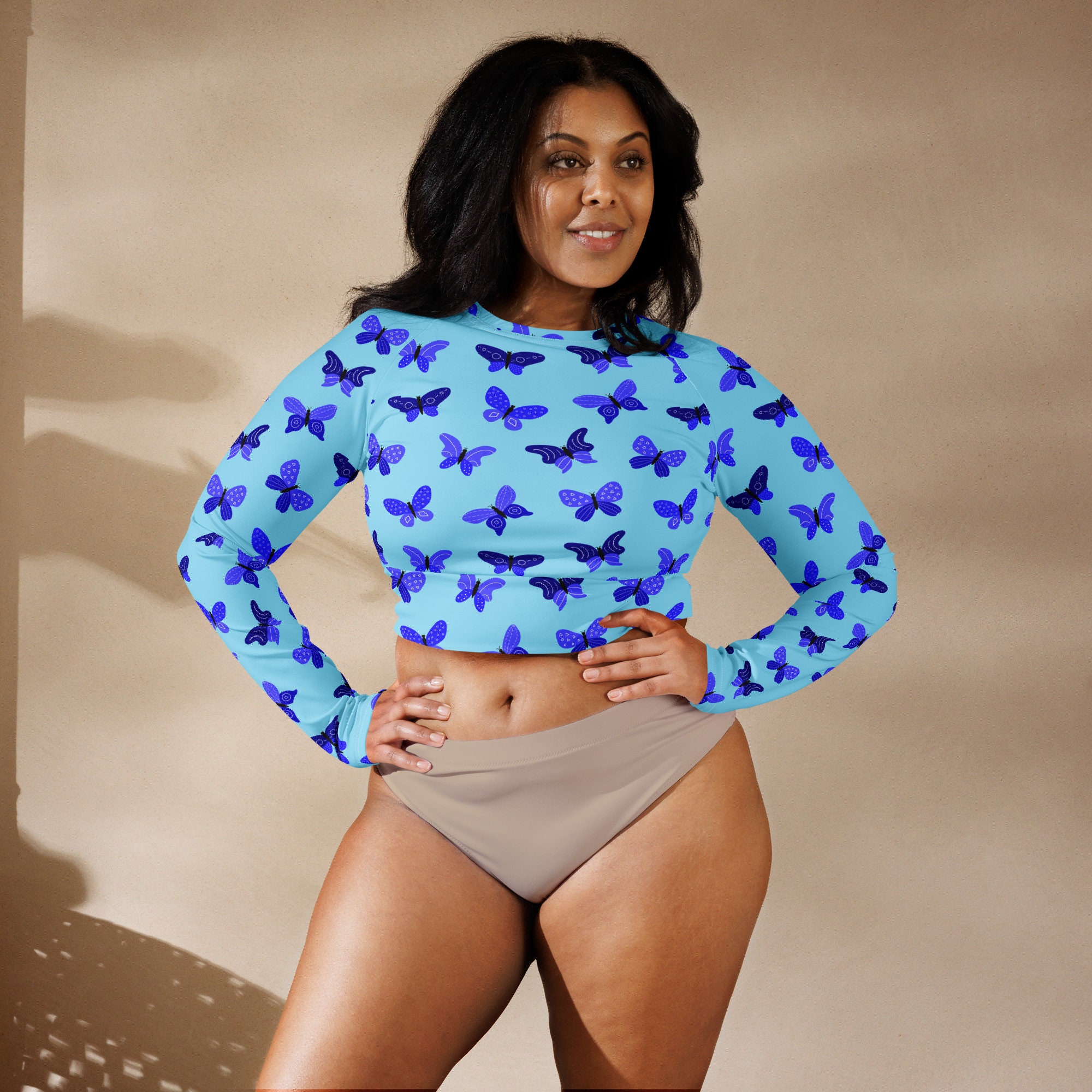 Butterfly Insects Crop Tops Women, All Over Print Long Sleeve Top