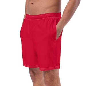 Solid Crimson Red Mens Swim Trunks, Summer Beach Trunks, Swimming Trunks, Bathing Suit, Swim Wear, Rave Festival Shorts, Unique Gift for Him