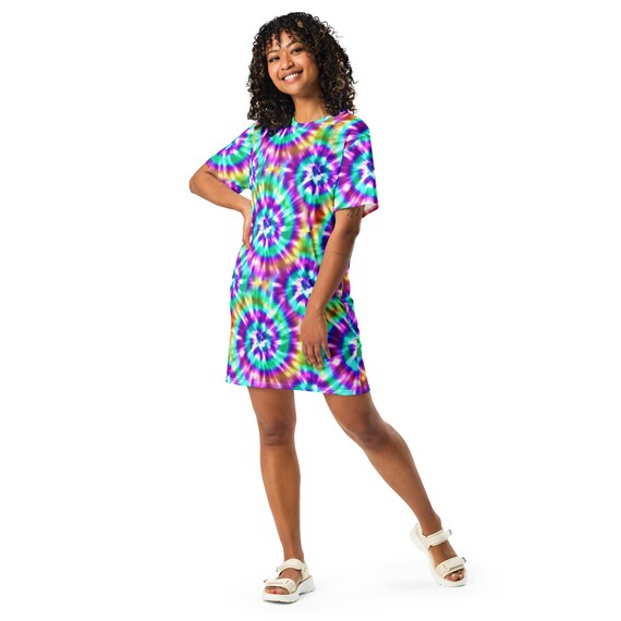 Tie Dye Swirls T-shirt Dress for Women, Hawaiian Beach Dress, all over Print Dress, Summer Wear, Short Sleeve, Festival Dress, Gifts for Her Tie Dye Swirls T-shirt Dress for Women, Hawaiian Beach Dress, all over Print Dress, Summer Wear, Short Sleeve, Festival Dress, Gifts for Her