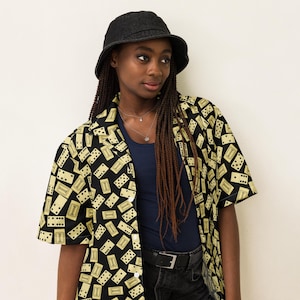 Dominos Printed Unisex Button Down Shirt, Funny All Over Print Funky Aloha Hawaii Beach Shirt, Unique Trendy Loungewear, Domino Player Gift