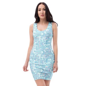May include: Sleeveless bodycon dress with a circuit board pattern in shades of blue and white. The dress has a scoop neckline and a fitted silhouette, perfect for a modern look. The design resembles a computer motherboard.