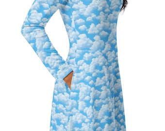 Clouds Blue Sky Midi Dress, Printed Summer Dress, Round Neck Party Dress,  Date Night Dress, Long Sleeve Casual Dress, Weather Gifts for Her - Etsy