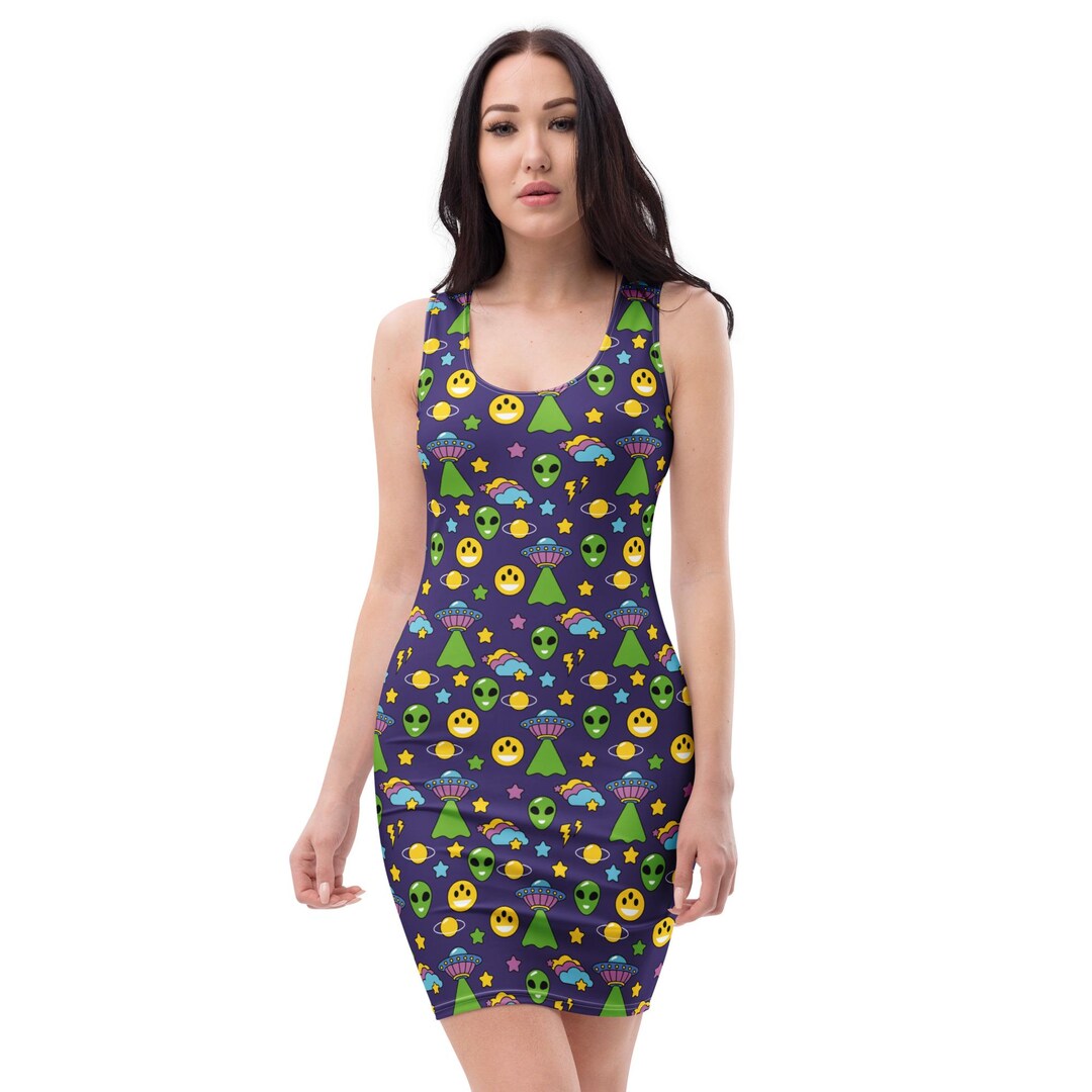 Alien Sci Fi Printed Bodycon Dress, UFO Aliens AOP Summer Beach Dress ...