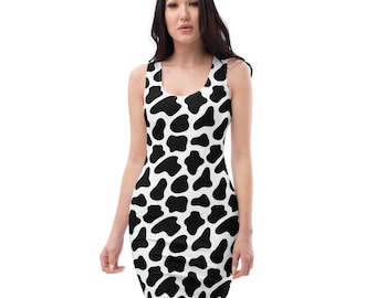 Cow Spots Farm Animal Printed Bodycon Dress, Casual Dress, Fitted Resort Dress, Summer Beach Dress, Cow Lover Gift