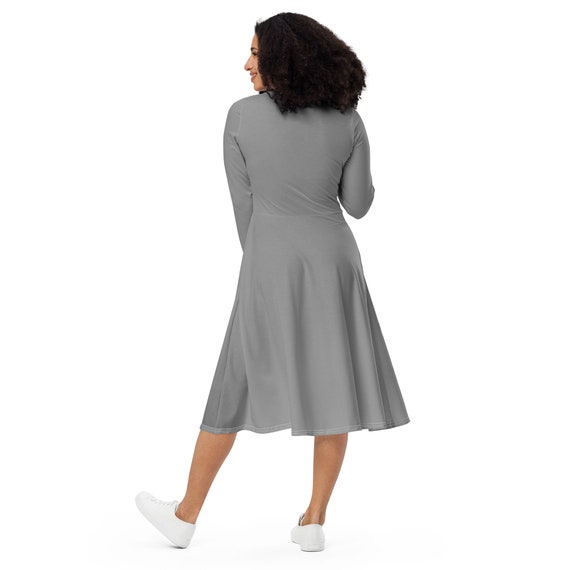Solid Stone Gray Midi Dress Women, Full Sleeves Evening Party, Round Neck  Party Dress, Plain Summer Beach Dress, Casual Dress With Pockets - Etsy