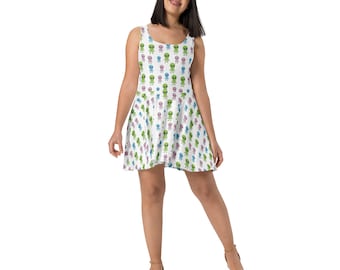 Aliens Sci-fi Skater Dress, Outer space UFO Dress, All over Print, Summer Streetwear Fashion Dress, Beach Dress Women, Aliens Lover Gifts