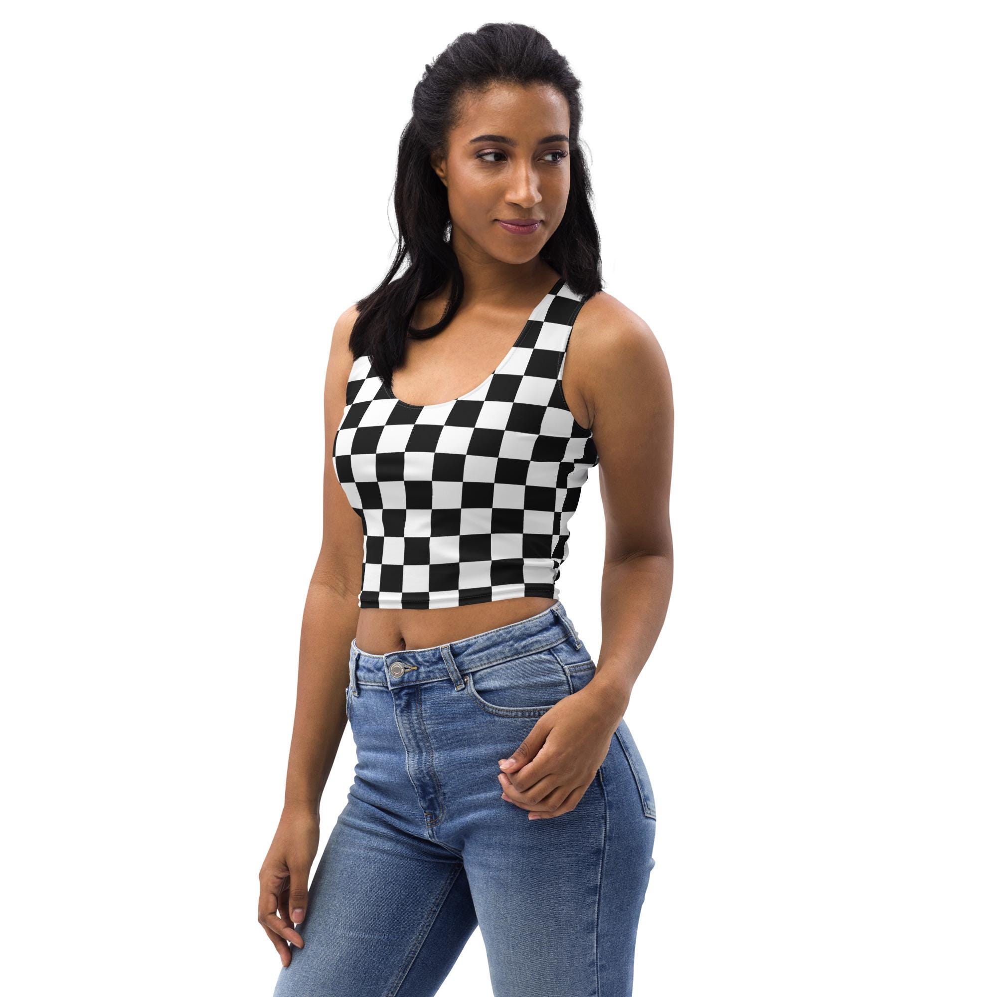 Black and White Checkered Women Tank Top, All Over Print Gym