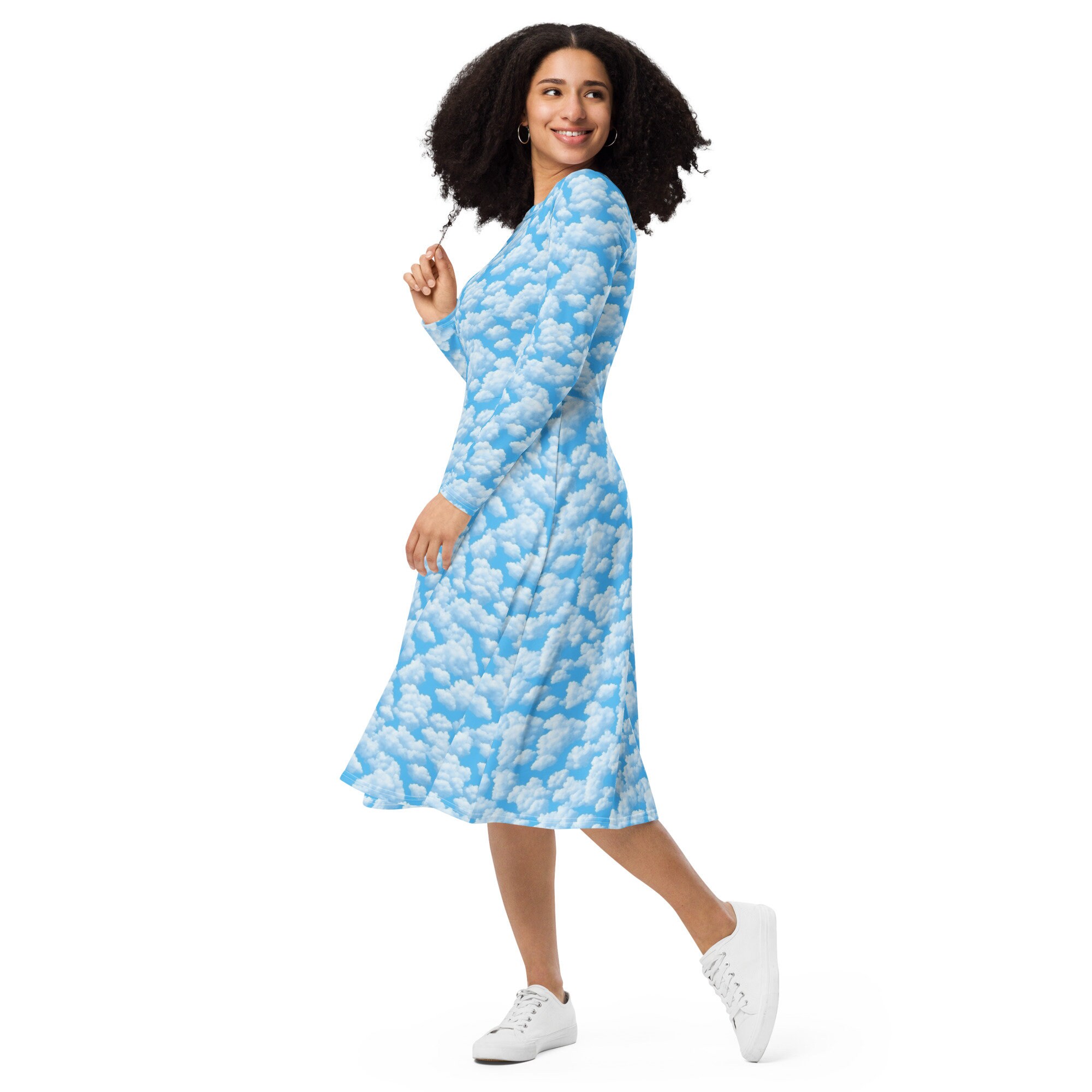 Clouds Blue Sky Midi Dress, Printed Summer Dress, Round Neck Party Dress, Date Night Dress, Long Sleeve Casual Dress, Weather Gifts for Her Clouds Blue Sky Midi Dress, Printed Summer Dress, Round Neck Party Dress, Date Night Dress, Long Sleeve Casual Dress, Weather Gifts for Her