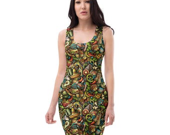 Cinco de Mayo Printed Bodycon Dress, AOP Summer Fashion Dress, Fitted Sexy Evening Dress, Rave Party Dress, Mexican Fiesta Gifts