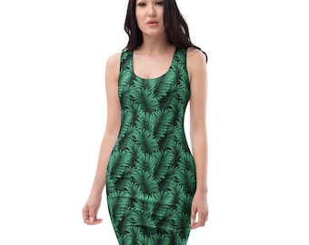 Fern Plant Leaves Printed Bodycon Dress, AOP Summer Fashion Dress, Fitted Sexy Evening Dress, Rave Party Dress, Botanical Gifts