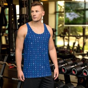 May include: A blue tank top with a white binary code pattern. The tank top is sleeveless and has a scoop neck.