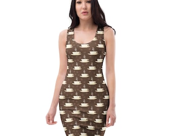 Coffee Cups Printed Bodycon Dress, AOP Summer Fashion Dress, Fitted Sexy Evening Dress, Rave Party Dress, Traveler Gifts