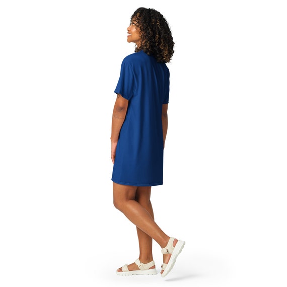 blue tee shirt dress Willow Ruffle Neck Shirt Dress-Bright Blue, Dot